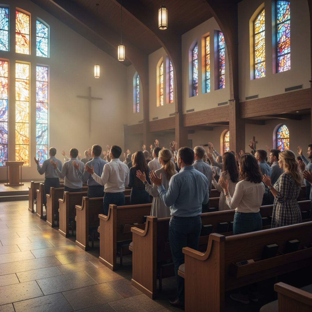 Diverse group of people worshiping in a church with hands raised, natural light through stained glass windows, professional photography.