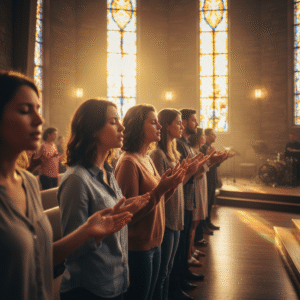 Diverse group of real human worshippers with hands raised in a warmly lit modern church sanctuary, bathed in golden light streaming through stained glass windows, expressing heartfelt adoration and devotion during a worship service.