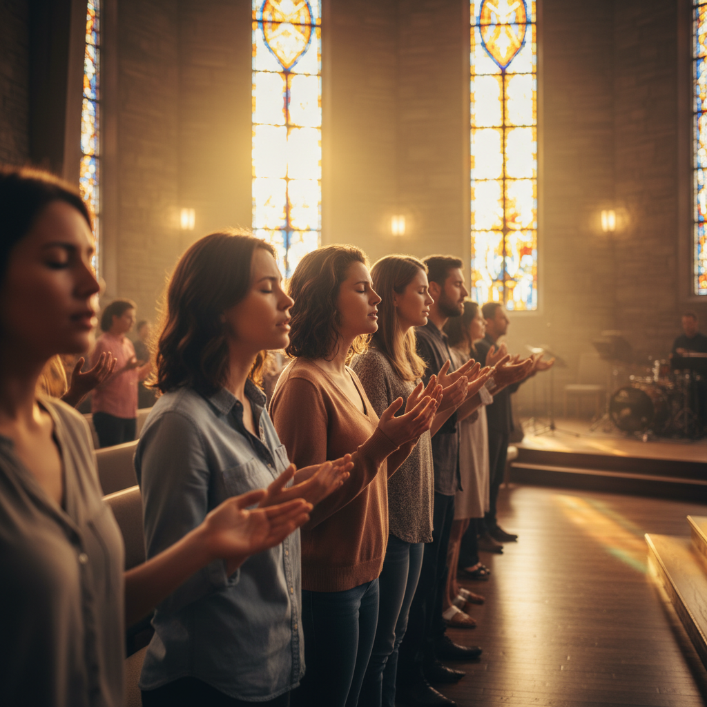 Diverse group of real human worshippers with hands raised in a warmly lit modern church sanctuary, bathed in golden light streaming through stained glass windows, expressing heartfelt adoration and devotion during a worship service.