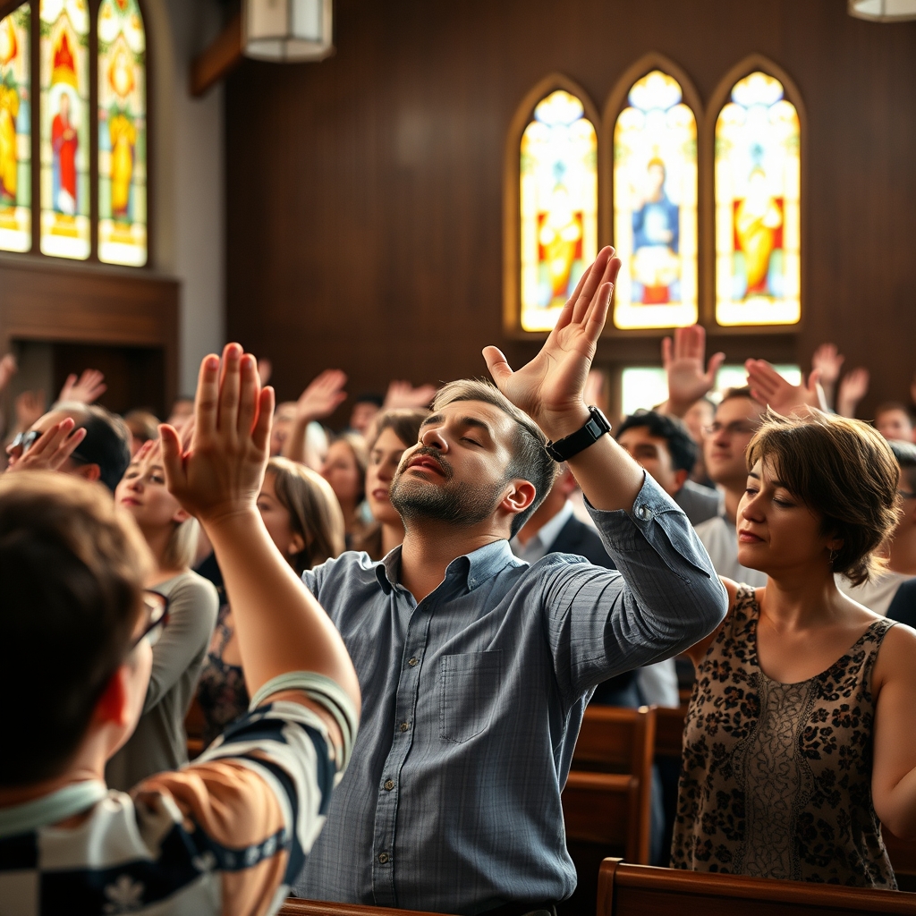 Diverse group of worshippers raising hands in a modern church.