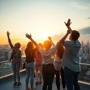 Diverse group of young adults worshiping on a rooftop at sunrise with city skyline in the background, arms raised in joyful praise, golden hour lighting, professional photography style.
