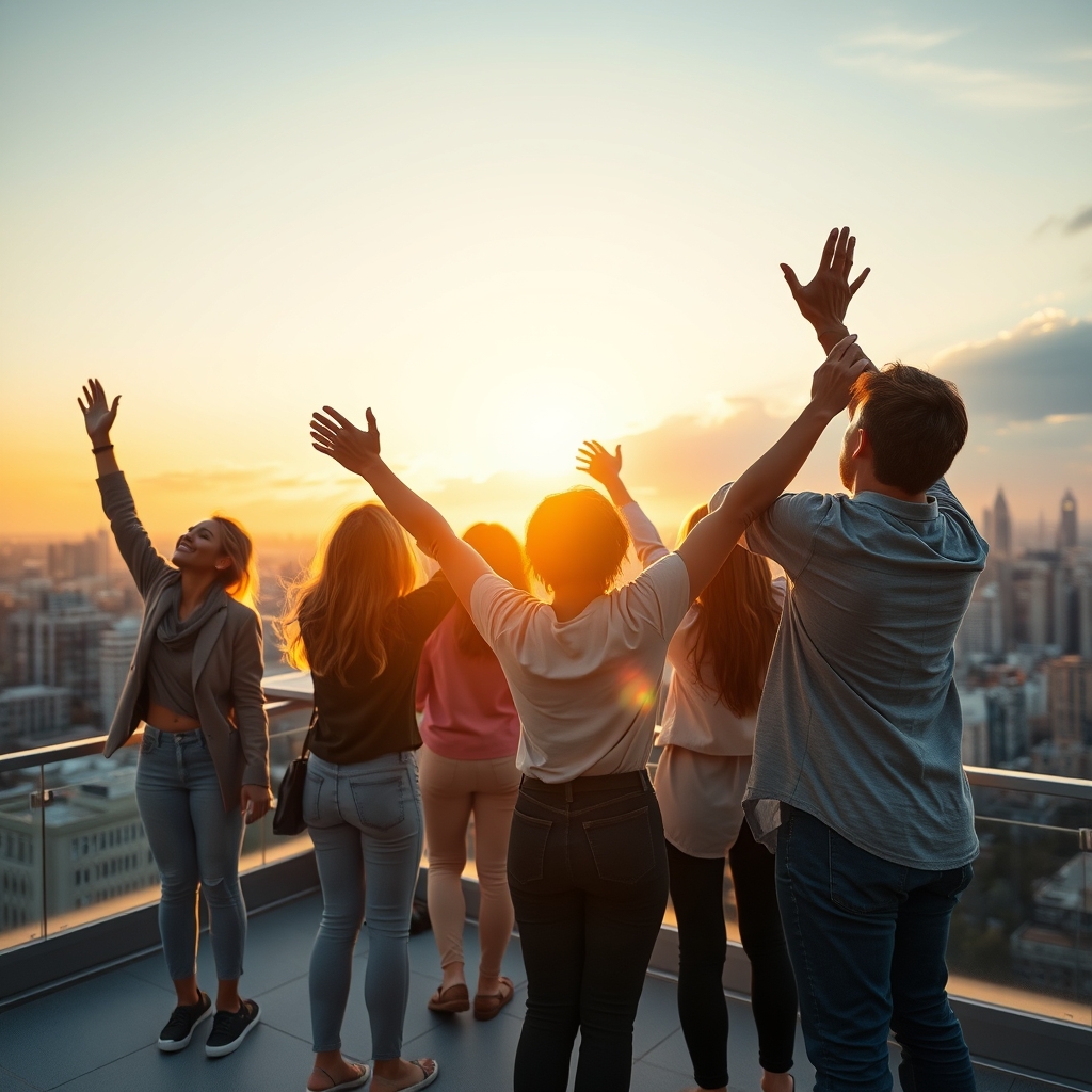 Diverse group of young adults worshiping on a rooftop at sunrise with city skyline in the background, arms raised in joyful praise, golden hour lighting, professional photography style.