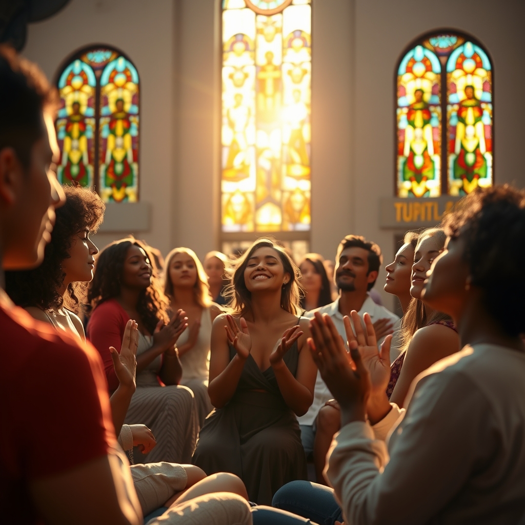 Diverse group praying together in a sunlit church sanctuary, capturing a moment of spiritual connection and peace.
