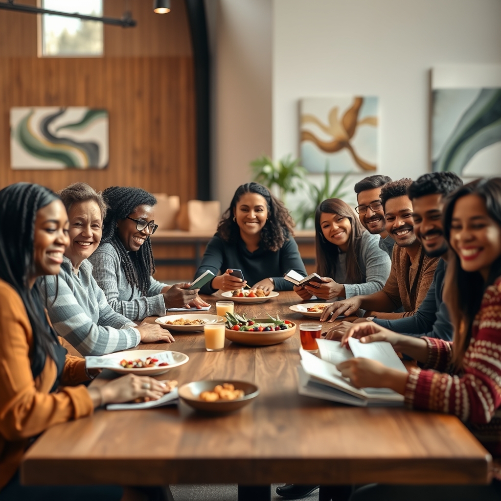 Diverse people gathered around a table with an open Bible in a modern worship space, representing spiritual nourishment beyond physical food.