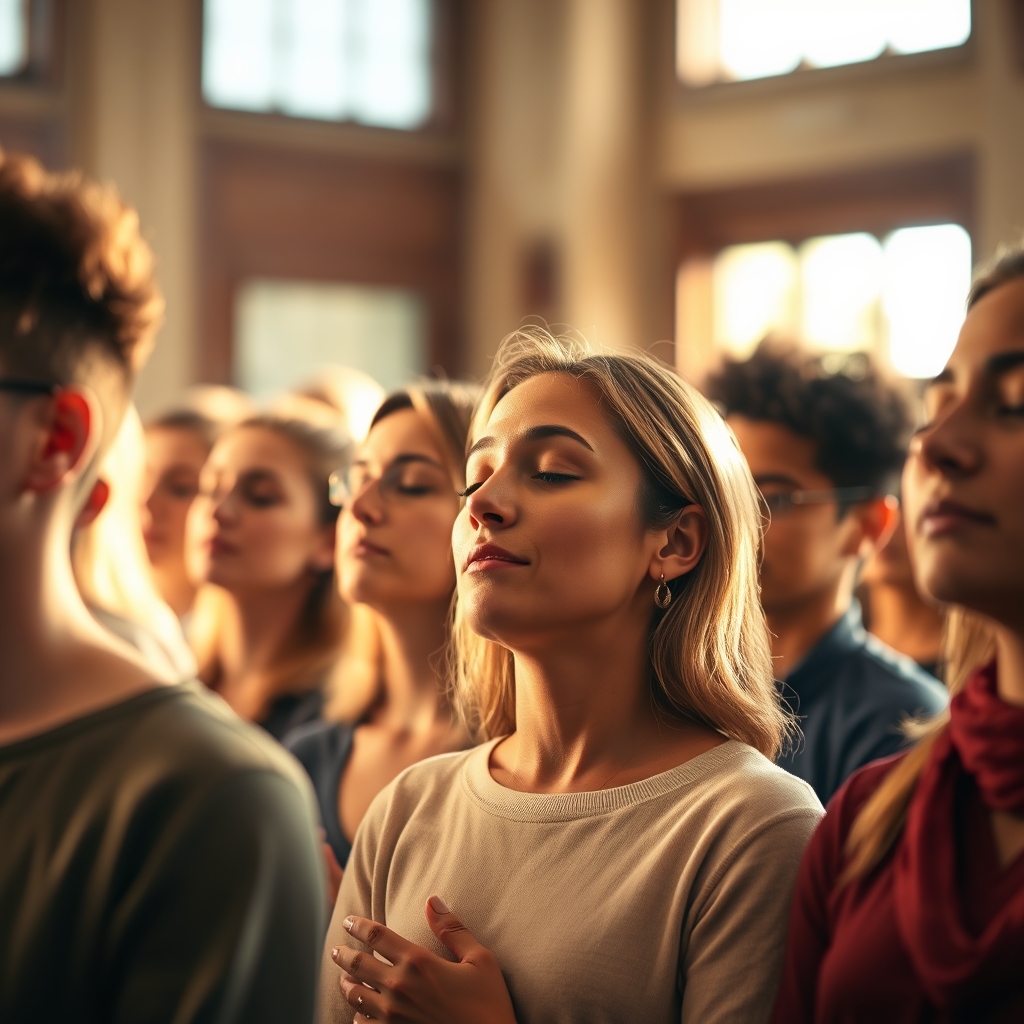 Diverse people gathered in warm light, reflecting devotion and community, symbolizing how understanding Jesus' real name deepens faith.