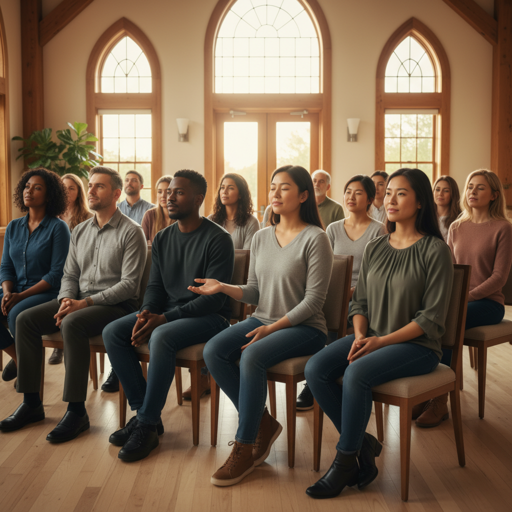 Diverse people listening with peaceful, reflective expressions in a warm, naturally lit room.