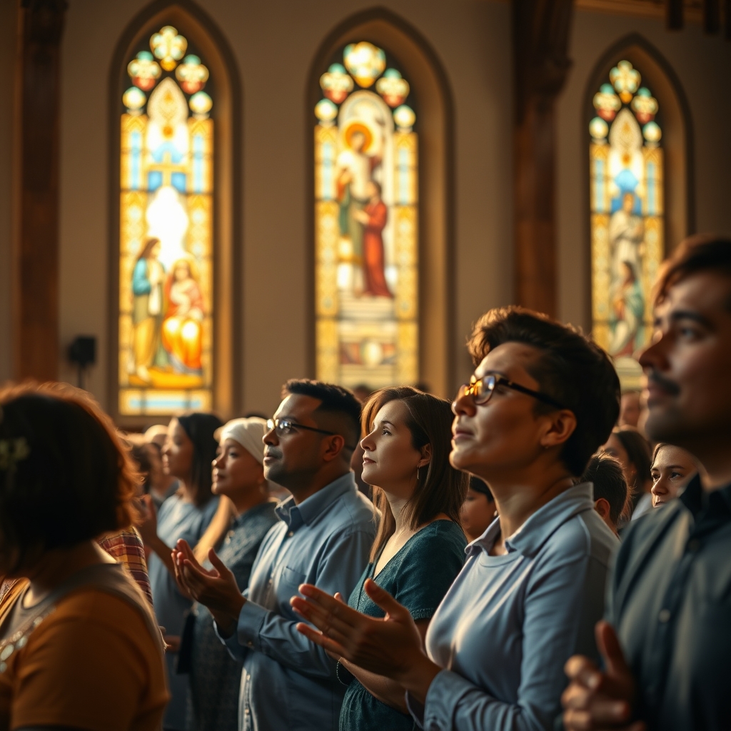 Diverse worshippers praying in a warmly lit church with stained glass windows, captured in professional photography style.