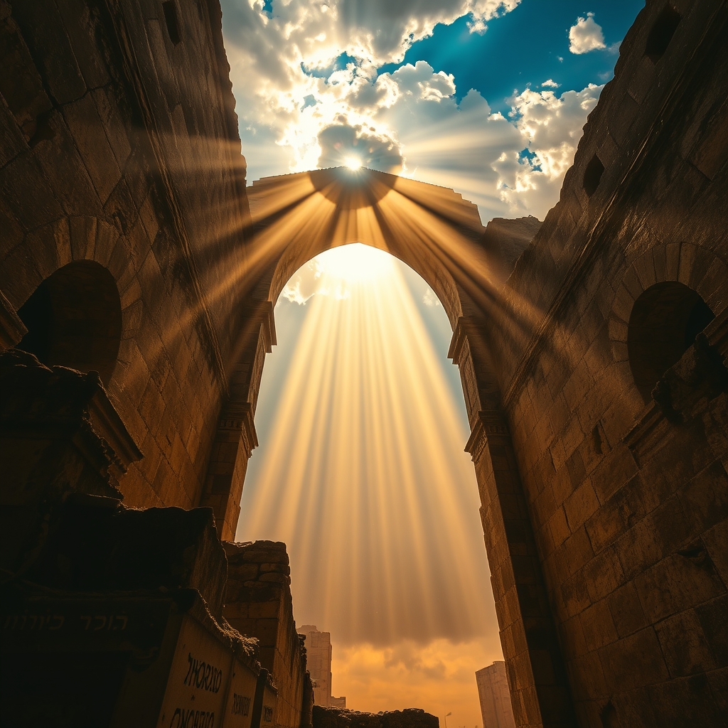 Dramatic golden sunlight breaking through ancient stone archways and clouds illuminating sacred space