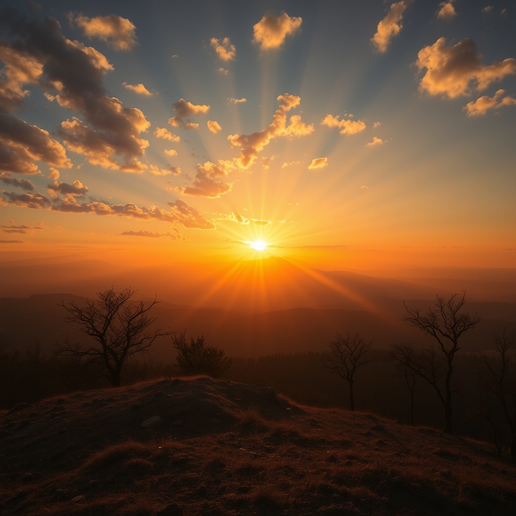 Dramatic sunrise over an open horizon viewed from a hilltop, with golden light breaking through scattered clouds, symbolizing hope and transformation.