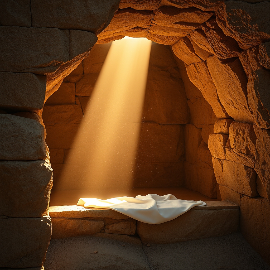 Early morning light streaming into an ancient empty tomb carved into a hillside, with a white cloth resting on a stone ledge inside, evoking the peaceful scene of the first Easter morning.