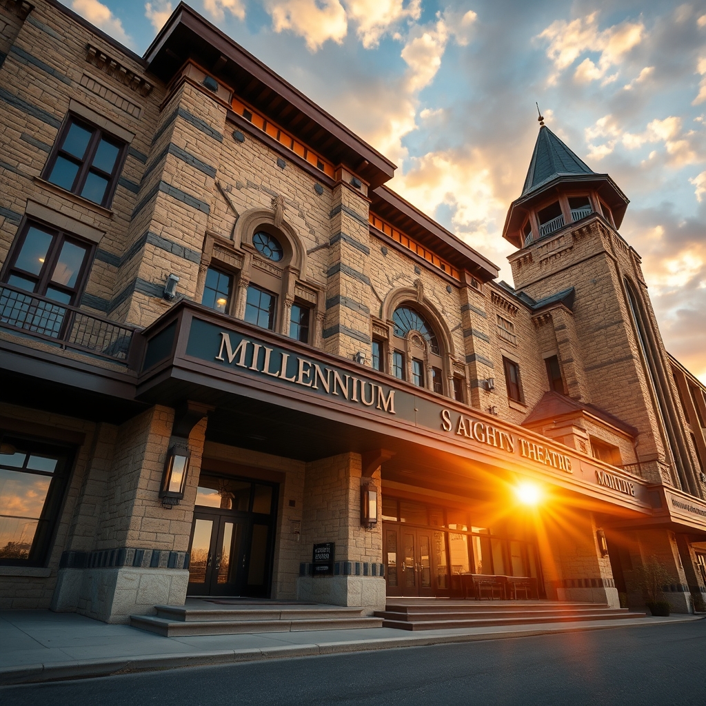 Exterior photograph of the Sight & Sound Millennium Theatre in Lancaster, Pennsylvania, showing the grand facade during golden hour
