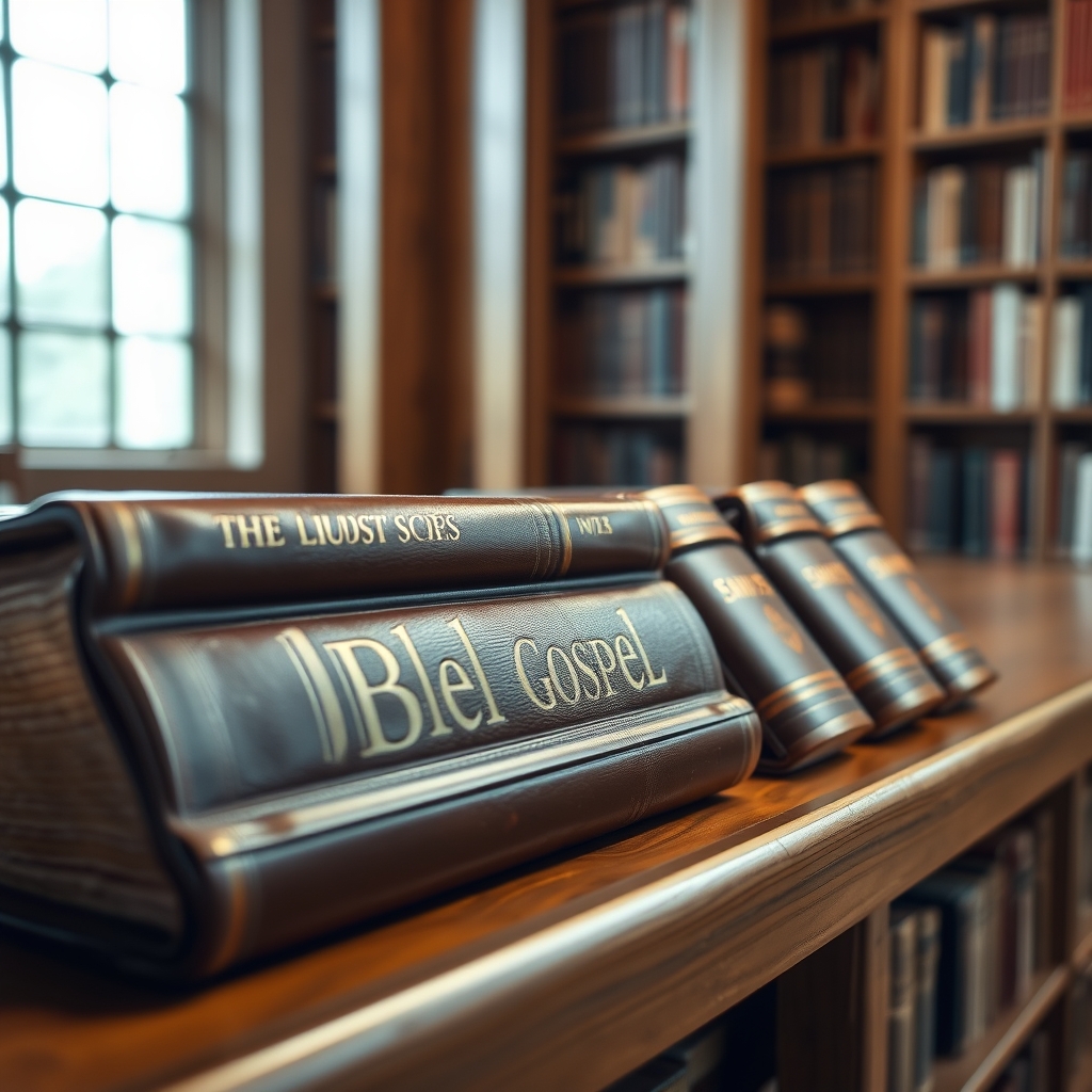 Four leather-bound books on a wooden shelf, representing the four Gospels.