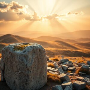 Golden hour sunlight over a rugged ancient hilltop landscape with a weathered stone, evoking the biblical watchful presence of God at Mizpah.