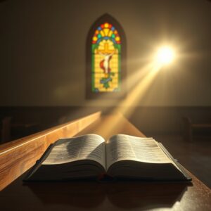 Golden light from a stained-glass cross shining on an open Bible in a quiet church, symbolizing the sacred identity of Jesus Christ.