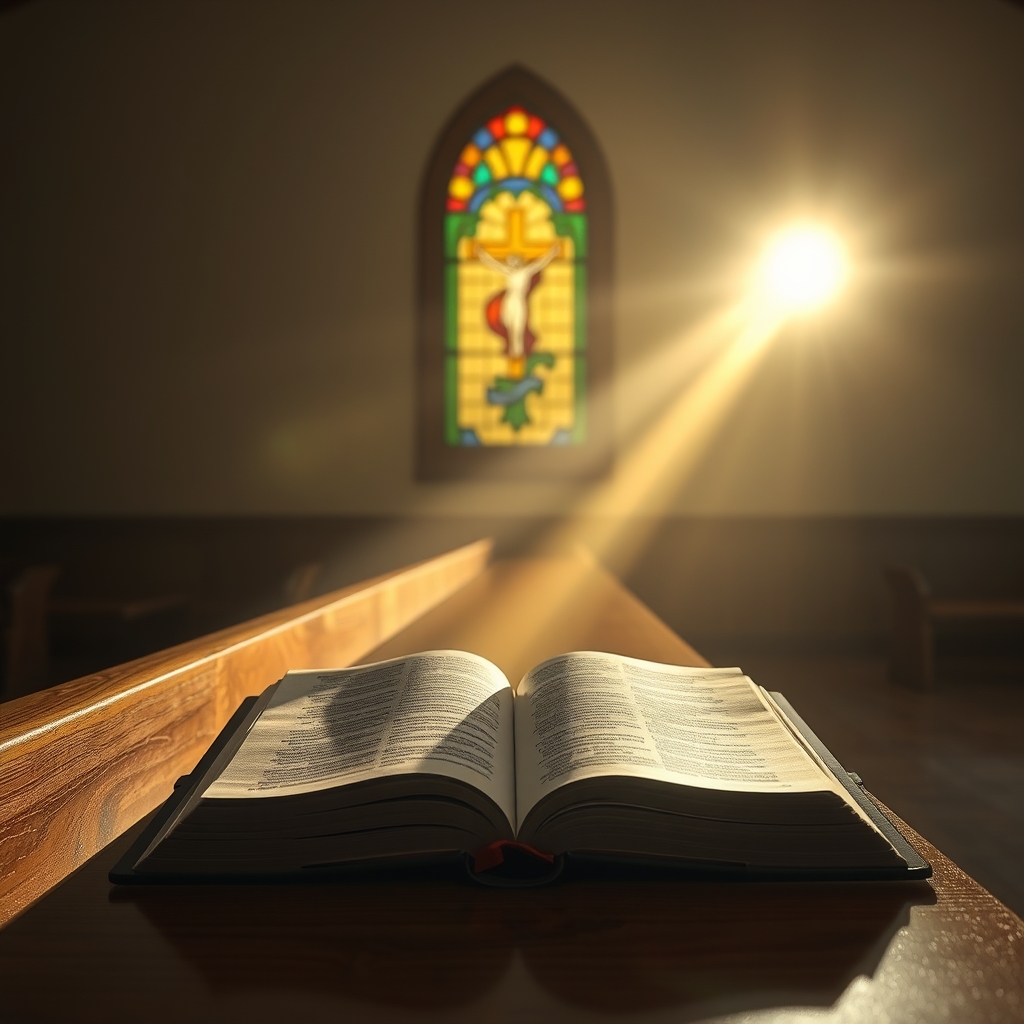 Golden light from a stained-glass cross shining on an open Bible in a quiet church, symbolizing the sacred identity of Jesus Christ.