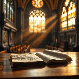 Golden light shines through cathedral stained glass onto an ancient Hebrew scroll and an open Bible resting on a wooden altar, symbolizing the unity of Yahshua and Jesus across languages and time.
