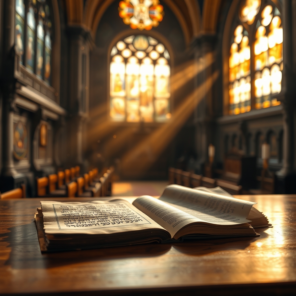 Golden light shines through cathedral stained glass onto an ancient Hebrew scroll and an open Bible resting on a wooden altar, symbolizing the unity of Yahshua and Jesus across languages and time.
