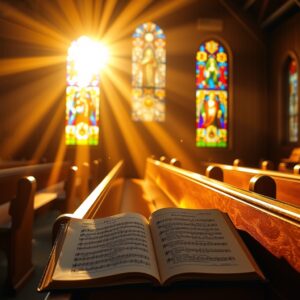Golden sunlight streaming through stained glass windows of a wooden church, illuminating an open hymnal on a pew, evoking reverence and the beauty of grace