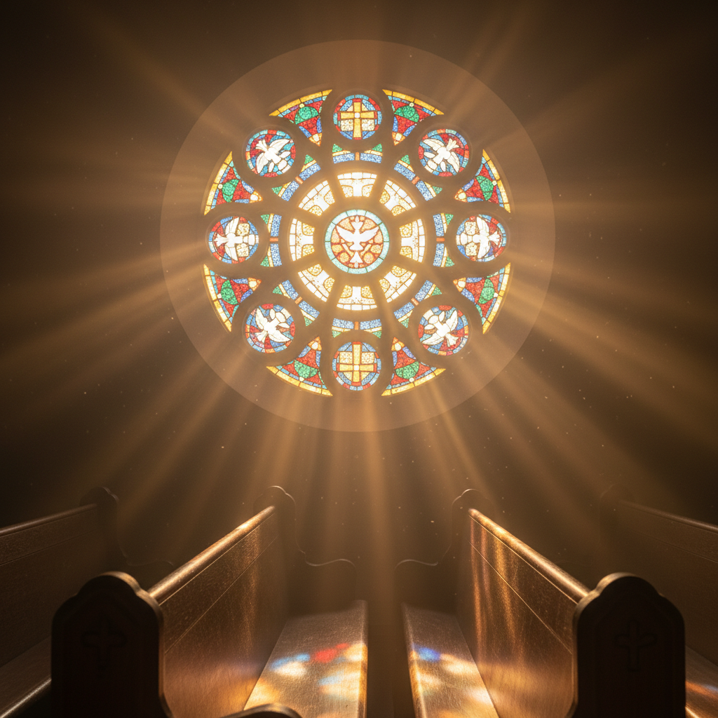 Golden sunrise light streaming through a stained-glass church window onto an empty wooden pew.