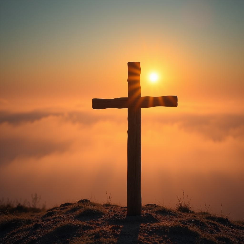 Golden sunrise over a rustic wooden cross on a hilltop with morning mist in the background.