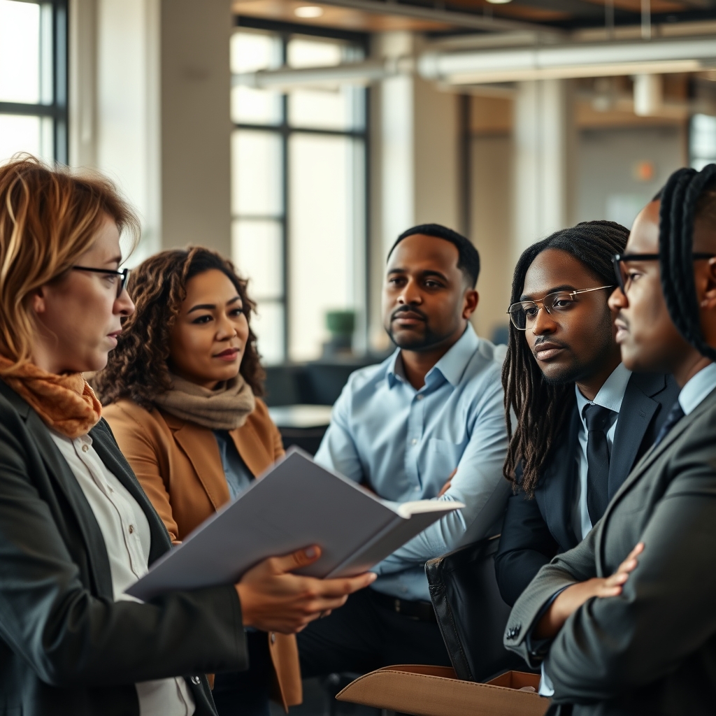 Group of professionals discussing Jesus films in a modern office setting