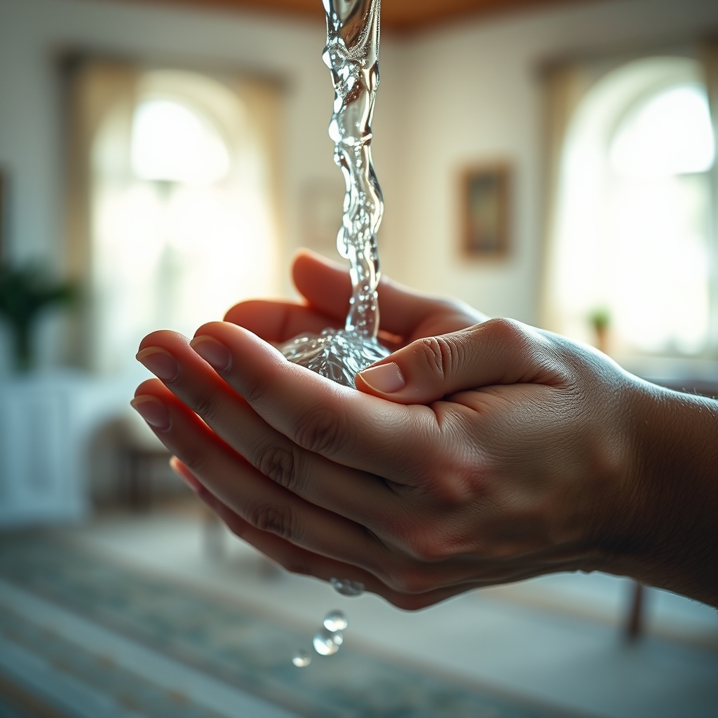 Hands are shown being washed with clean water as part of a baptism ceremony, symbolizing purification and new life.