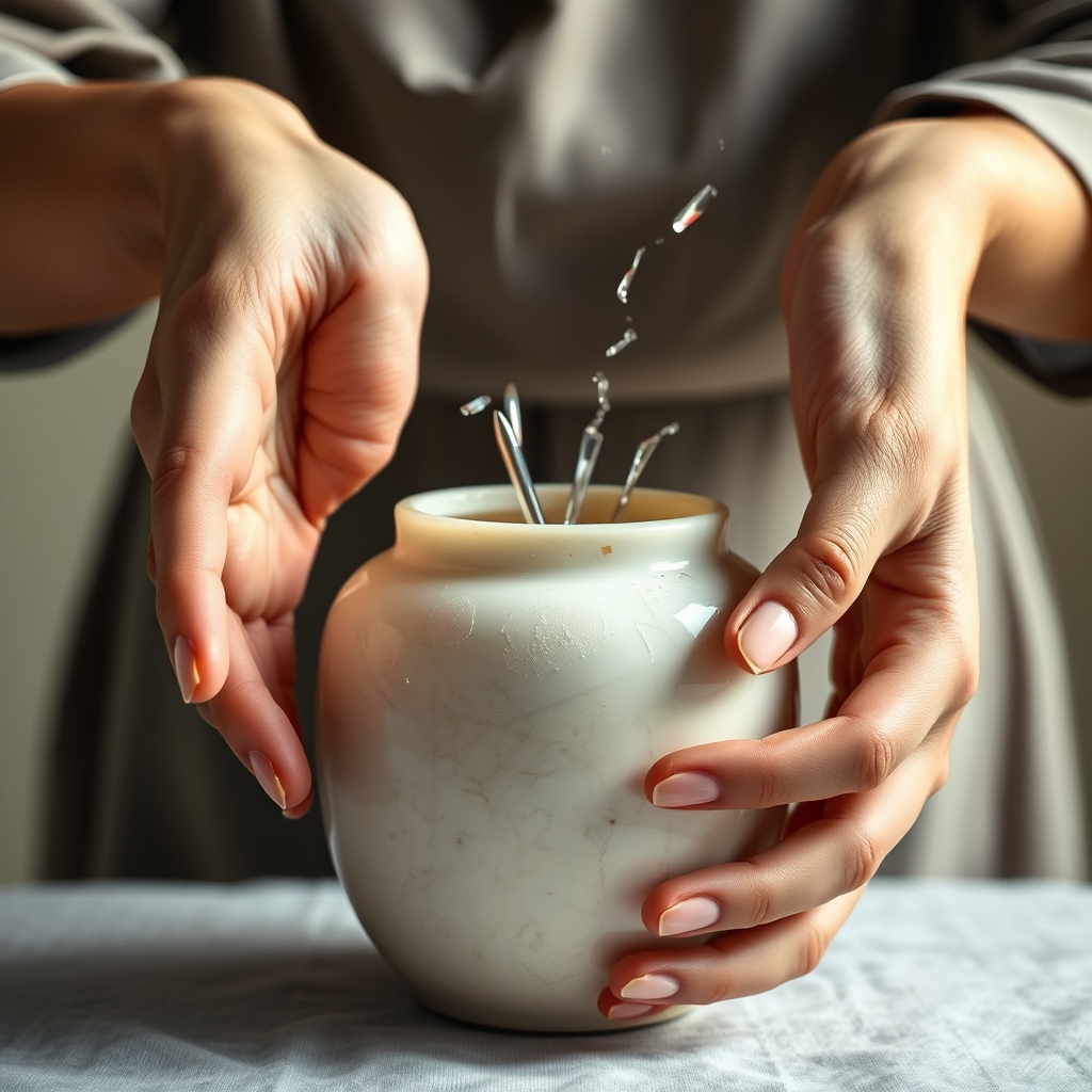 Hands breaking an alabaster jar in a moment of devotion