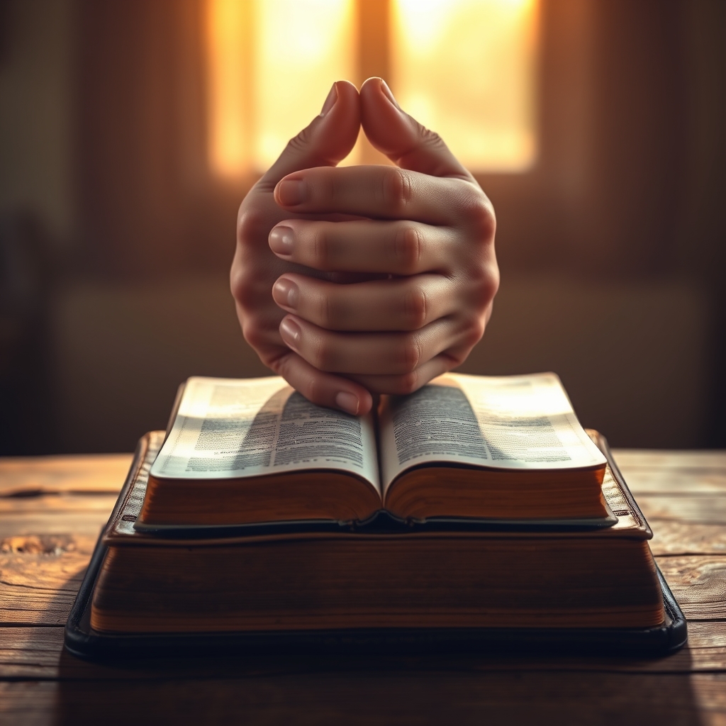 Hands clasped in prayer over a worn Bible on a wooden table.
