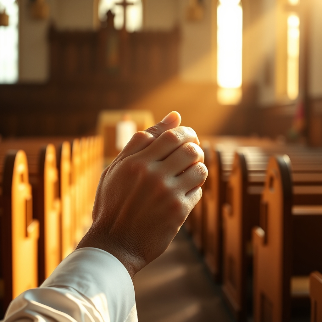 Hands clasped in prayer with soft golden light, quiet church interior with wooden pews in the background, peaceful and compassionate mood
