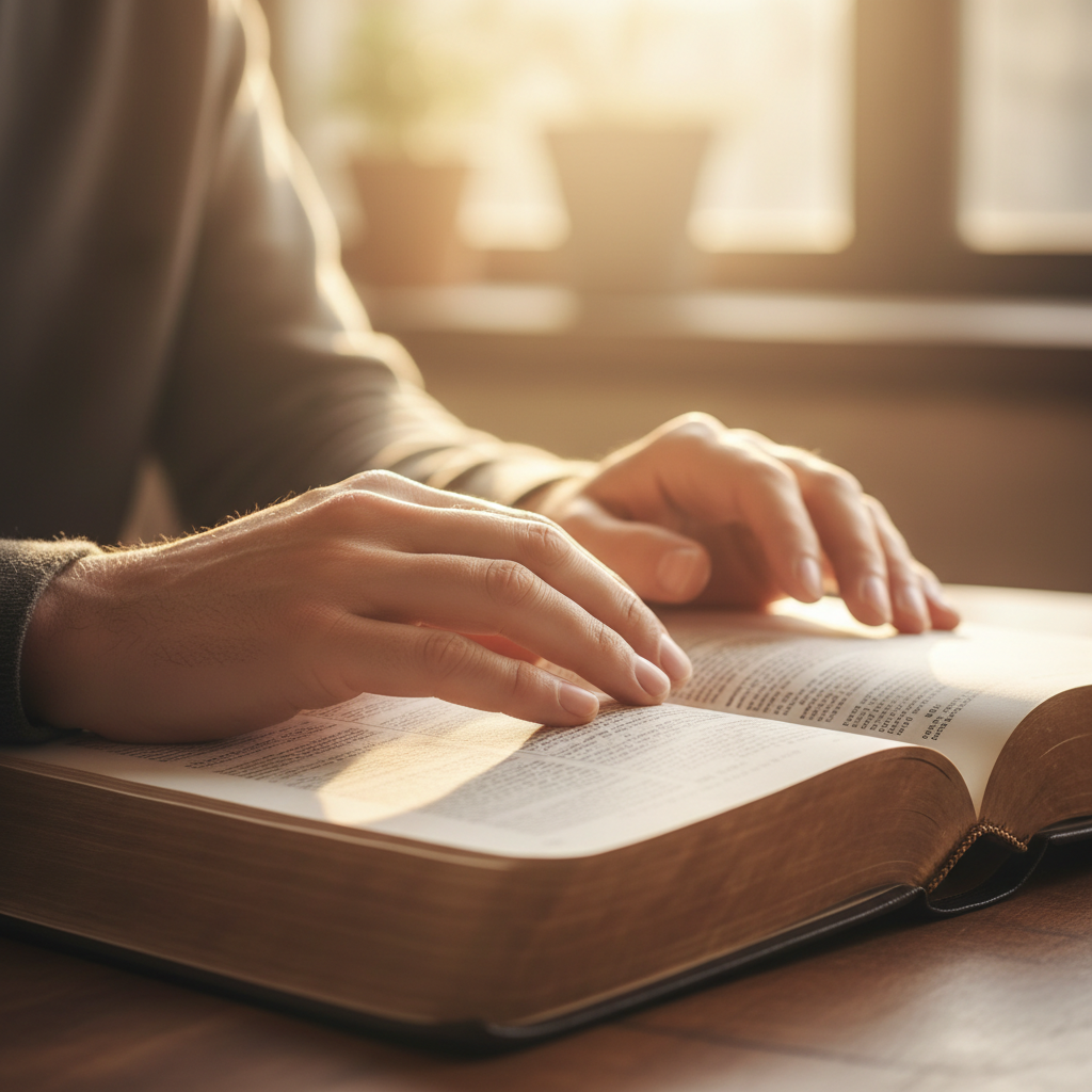 Hands gently holding an open Bible with soft warm light glowing around the pages