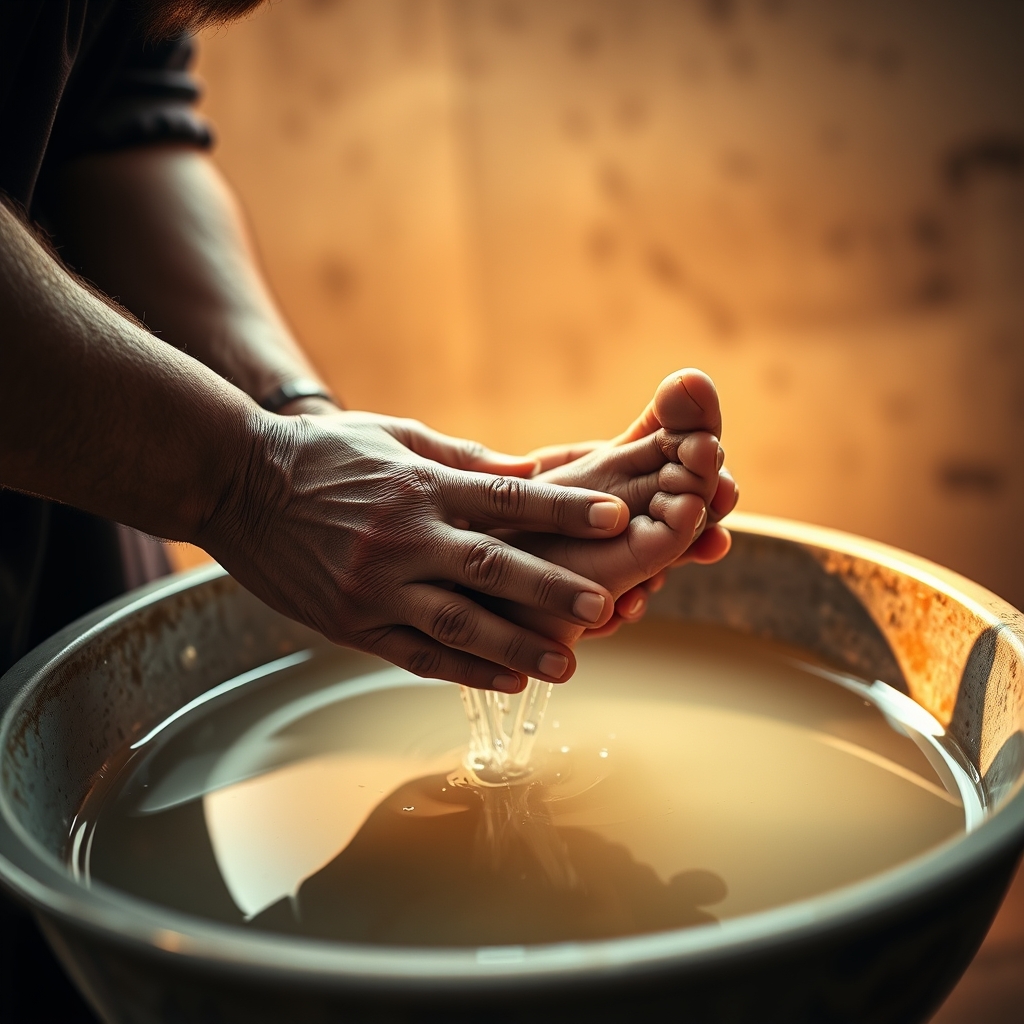 Hands gently washing another's feet in a basin of water, showing humility and compassion.