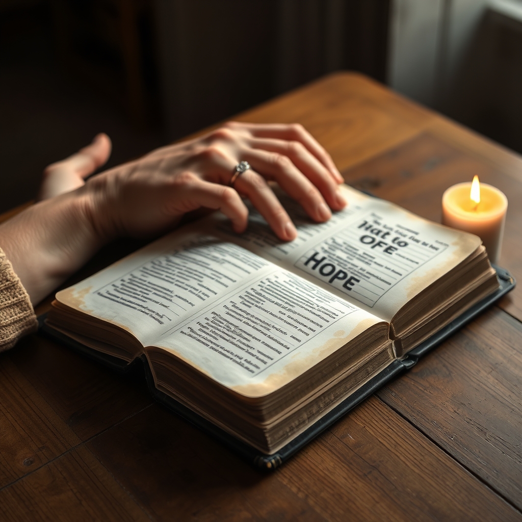 Hands holding a Bible and a lit candle on a wooden table