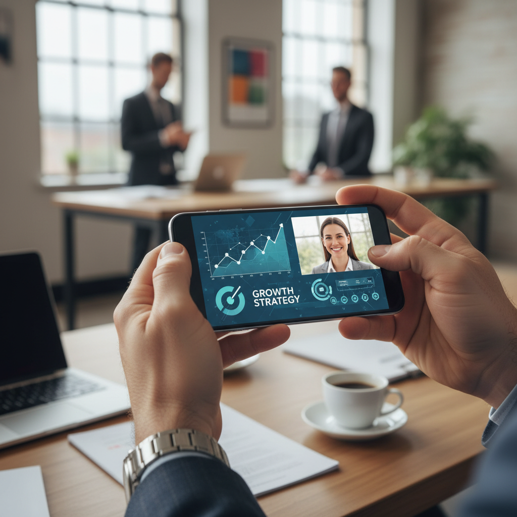 Hands holding a smartphone in a modern professional office environment.