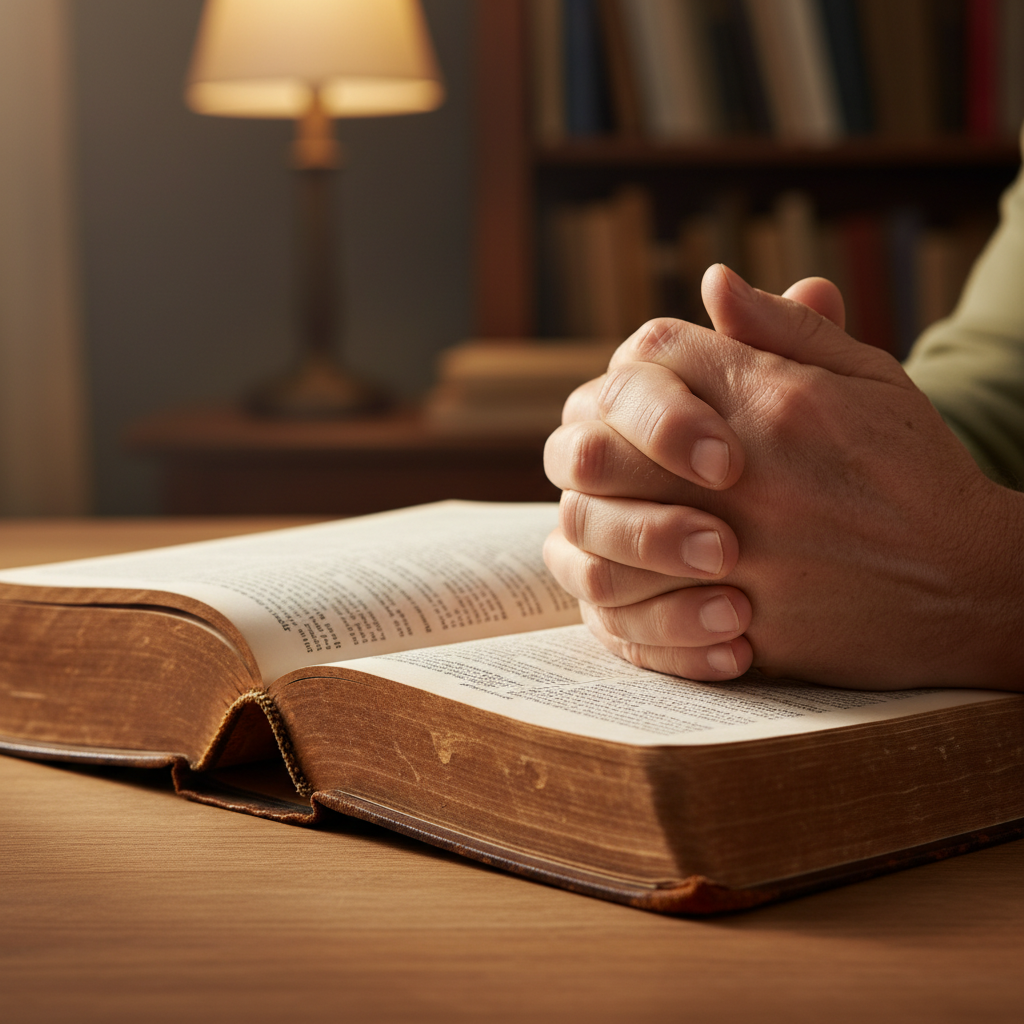 Hands reverently holding an open, worn leather-bound Bible on a wooden table.