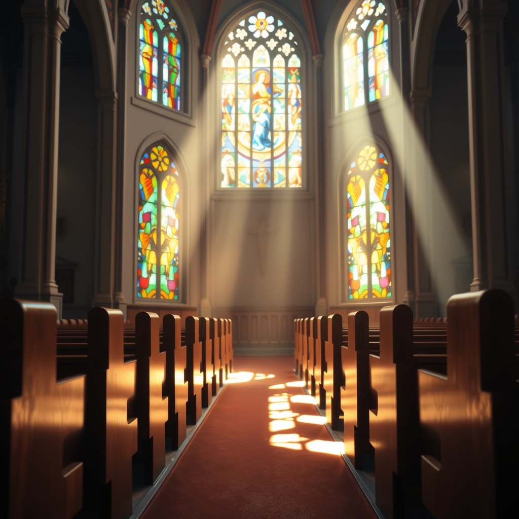 Interior of a church with sunlight illuminating wooden pews.