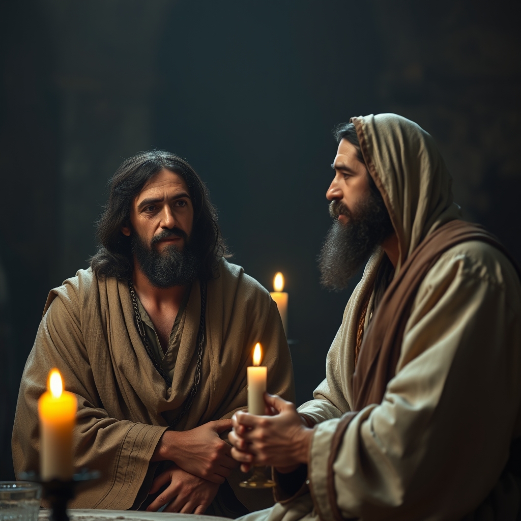 Jesus and Judas in a dimly lit room with disciples