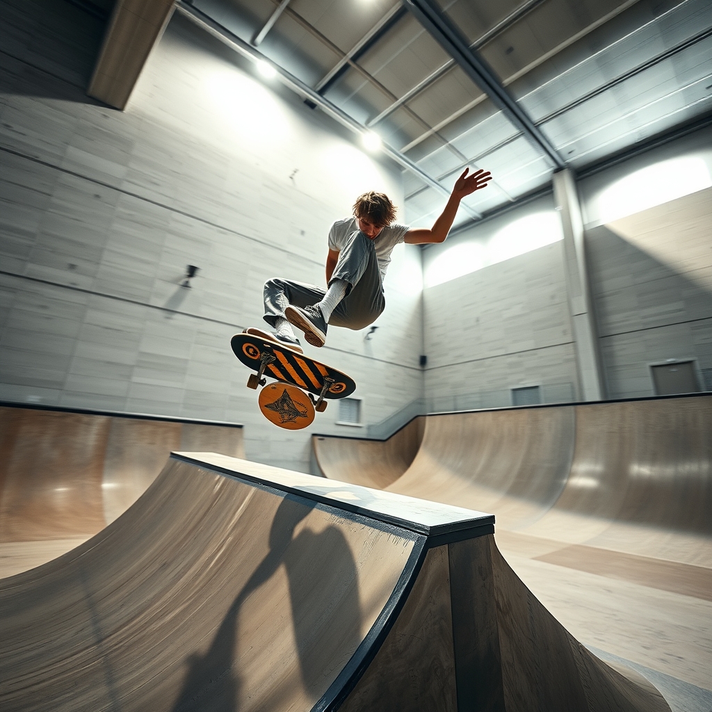 Low-angle action shot of a skateboarder performing a high-intensity trick at an indoor skatepark, capturing athletic determination and dynamic motion