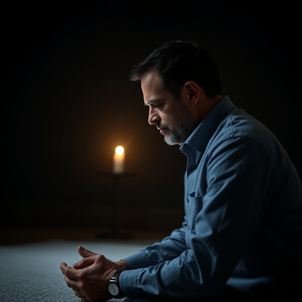 Man kneeling in prayer in a dimly lit room with candlelight.