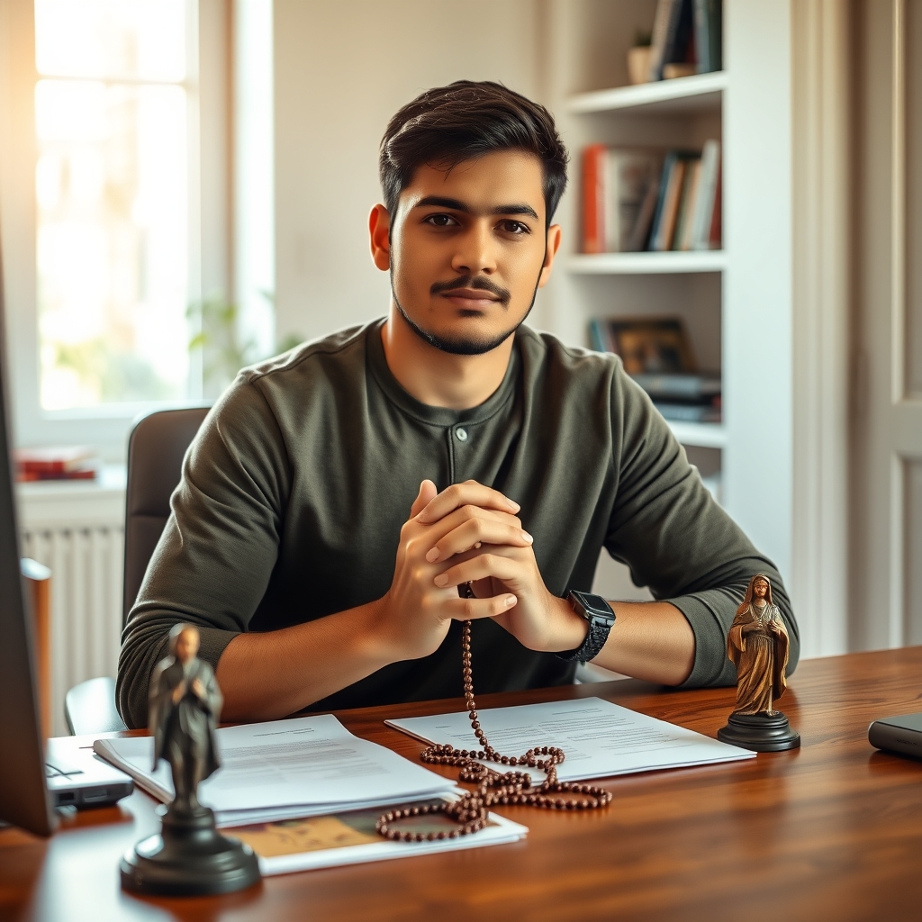 Man praying with rosary at home desk