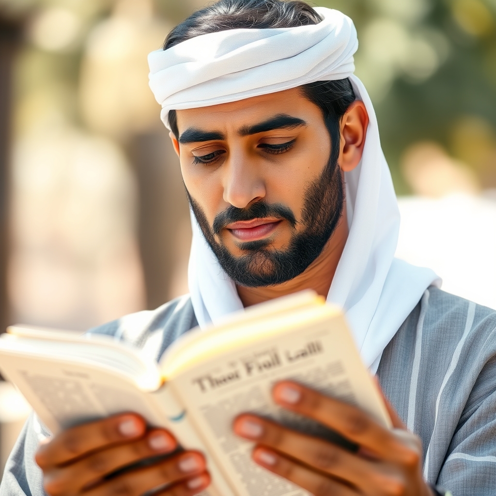 Middle Eastern man reading a Bible in natural daylight, professional photography style.