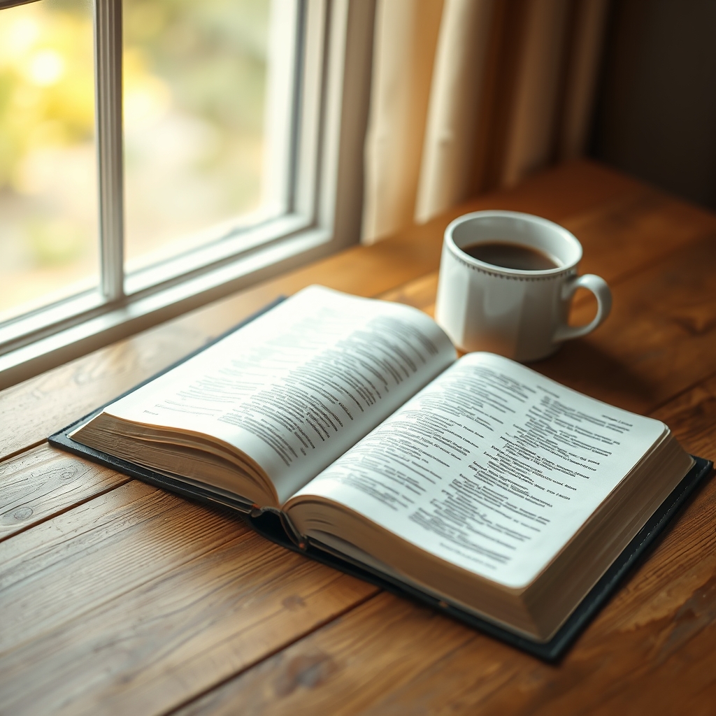 Open Bible next to a cup of coffee on a wooden table in soft natural light