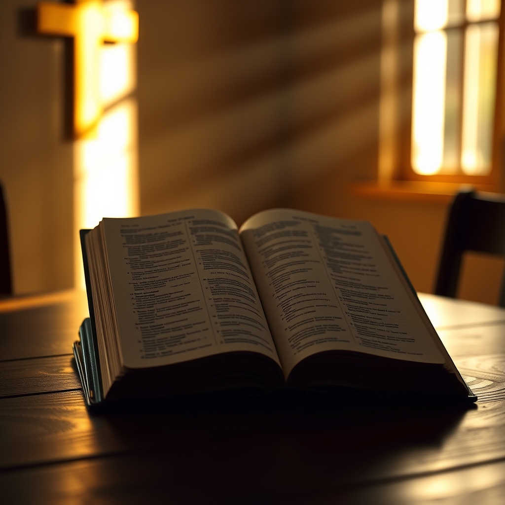 Open Bible on a wooden table with a cross in the background, symbolizing faith and spiritual reflection.