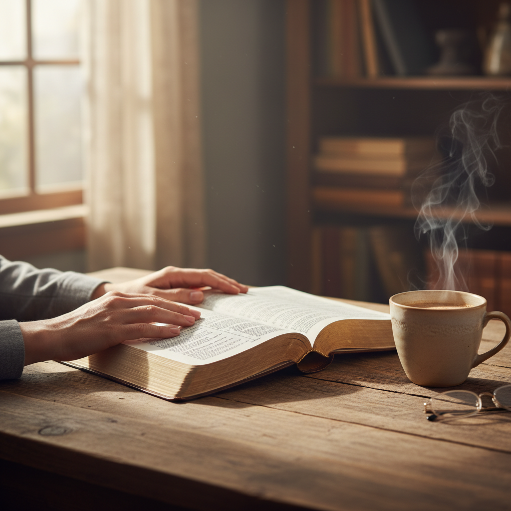 Open Bible on a wooden table with a cup of coffee and hands holding the pages in soft morning light.