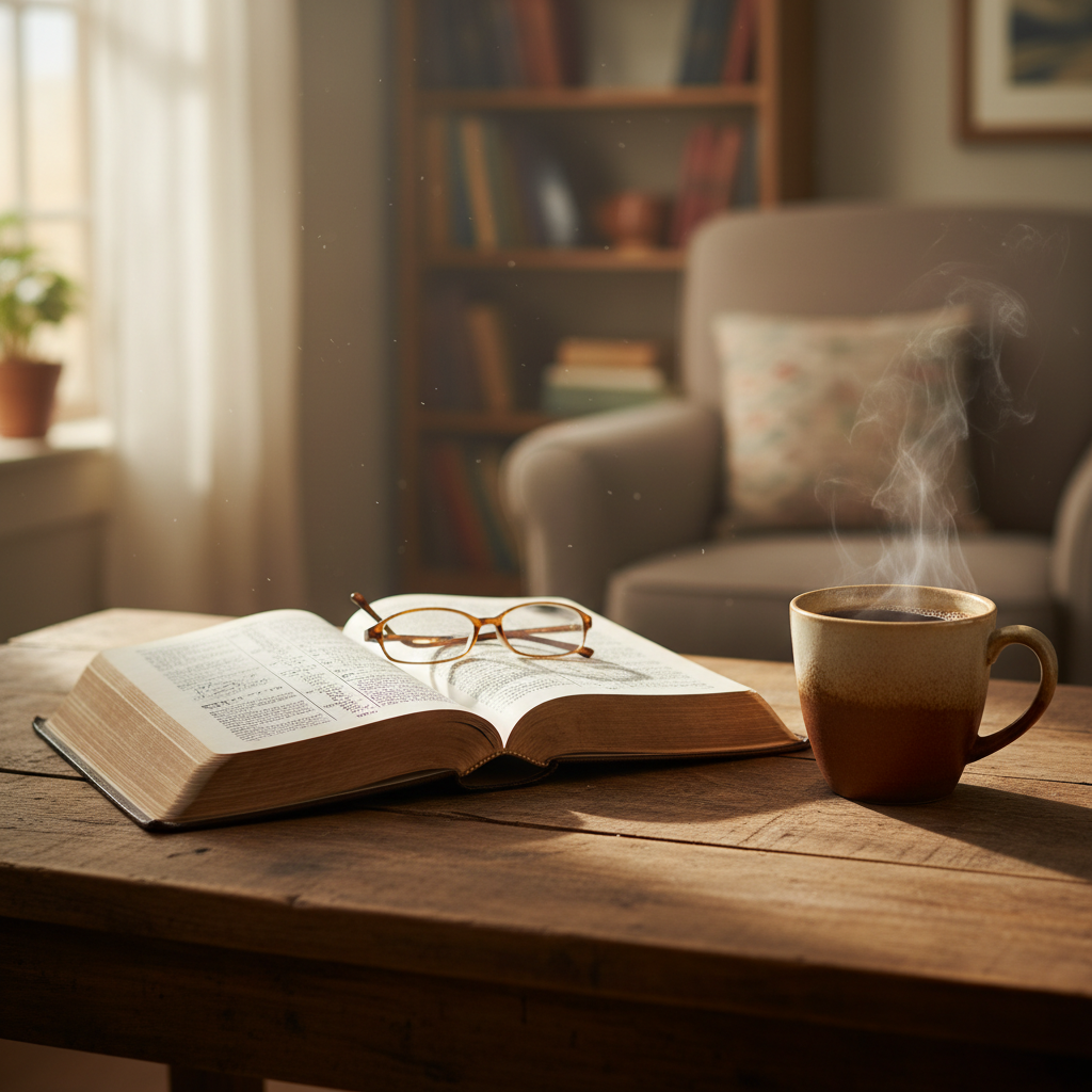 Open Bible on a wooden table with coffee, soft morning light, professional photography.