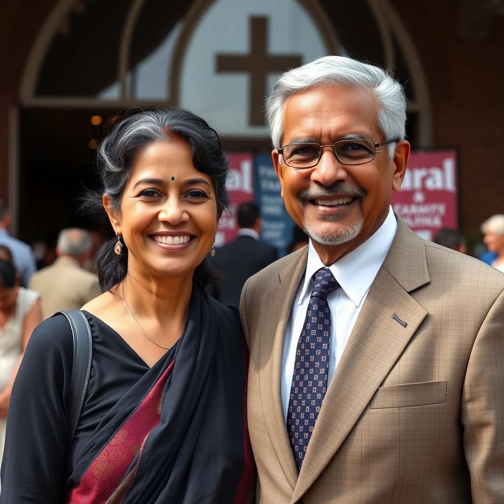 Paul Dhinakaran and his beloved wife walking hand in hand out of a church, embodying their shared values.