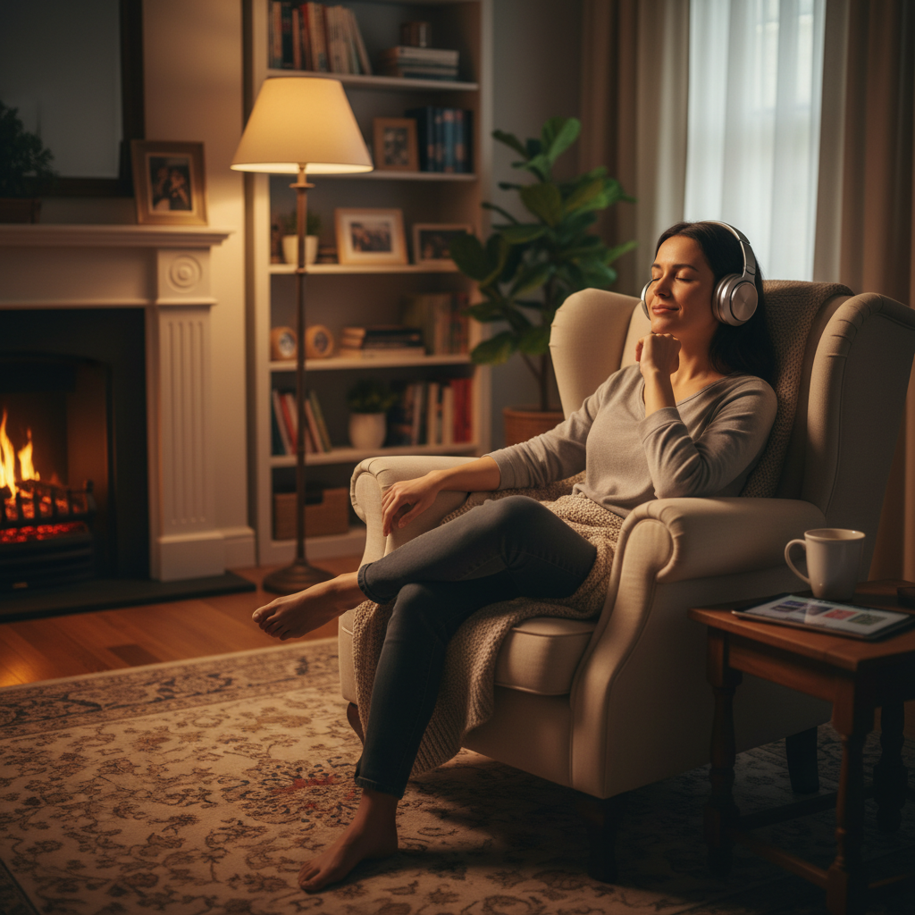 Person listening to music with headphones in a cozy living room, warm ambient lighting, professional photography.