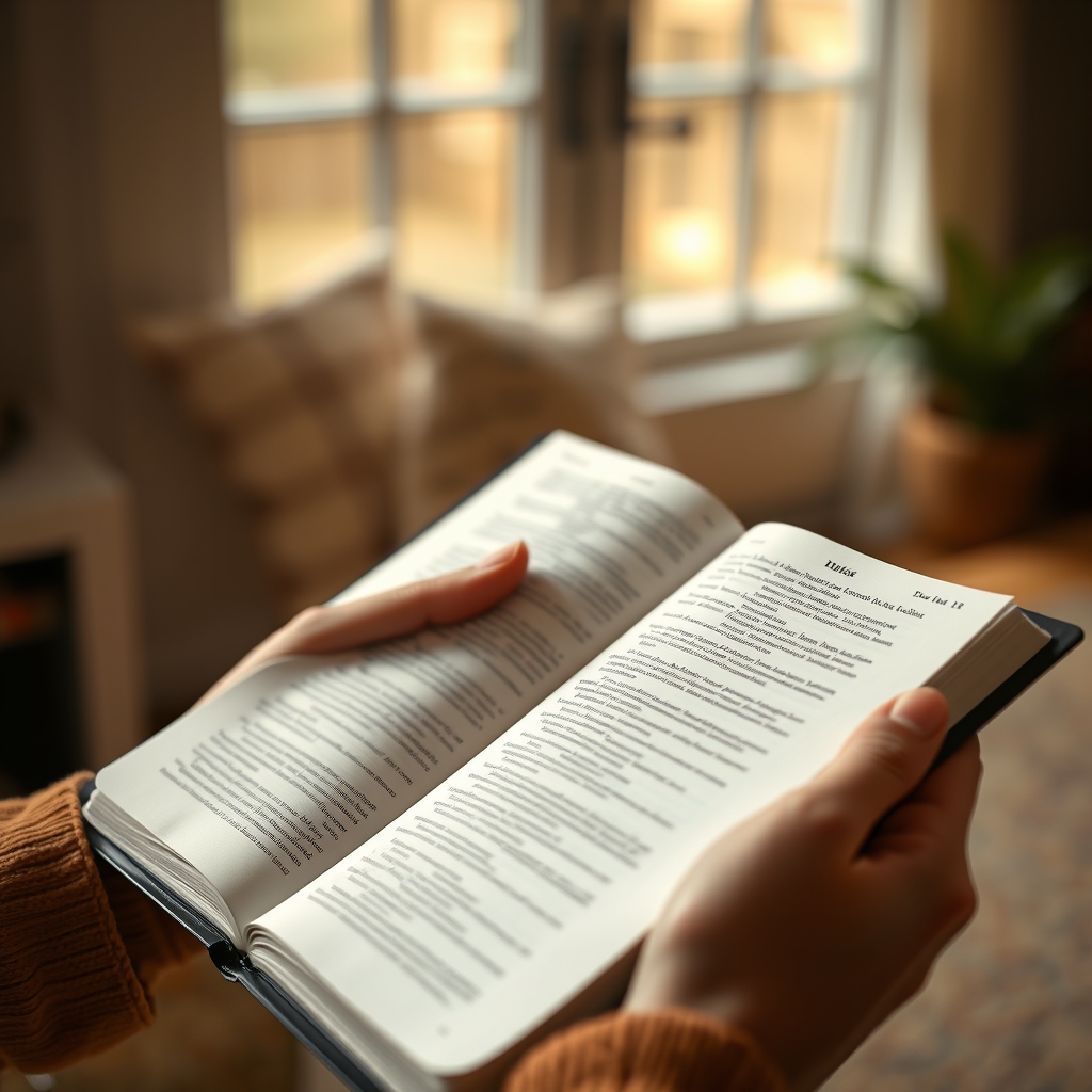 Person reading a Bible in a cozy home setting with natural light