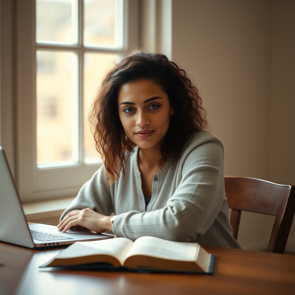 Person sitting at a desk with a laptop in soft natural light