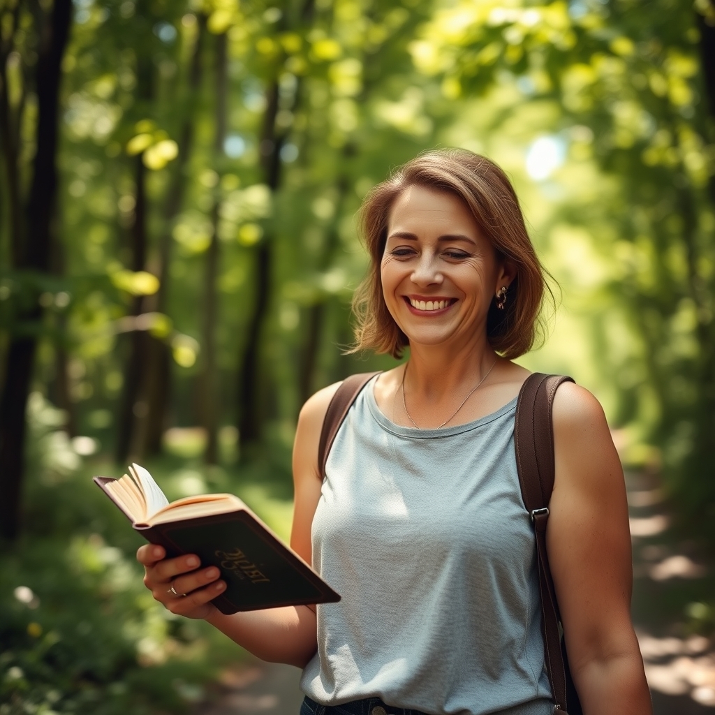 Photograph of a mid-adult woman reading a small Bible while walking along a peaceful sunlit forest trail, smiling with purpose