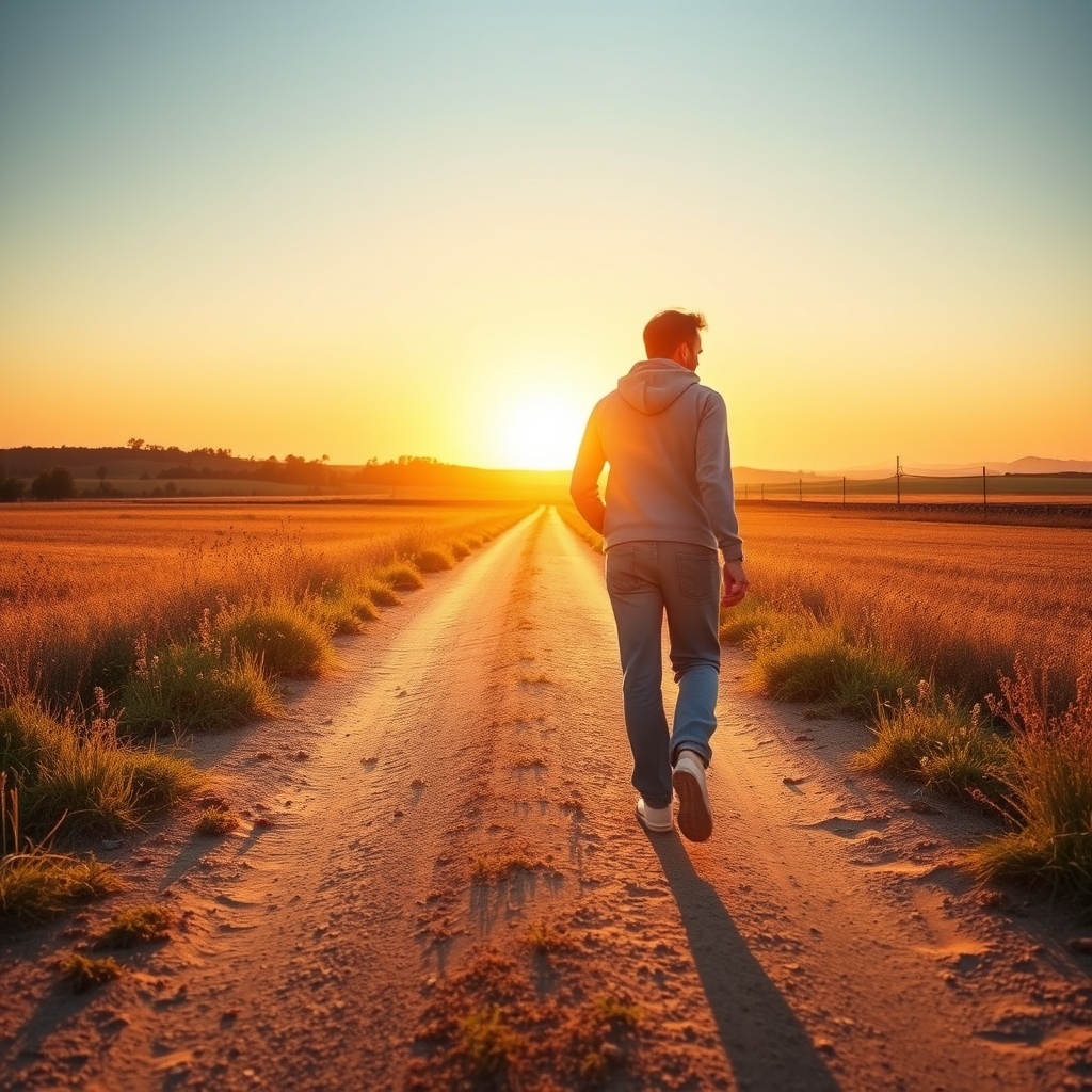 Photorealistic back-view of a person walking a dirt path towards a vibrant countryside sunrise, symbolizing starting a faith journey.